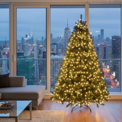 A glowing premium Christmas tree in a modern high-rise apartment overlooking a sparkling city skyline at night.
