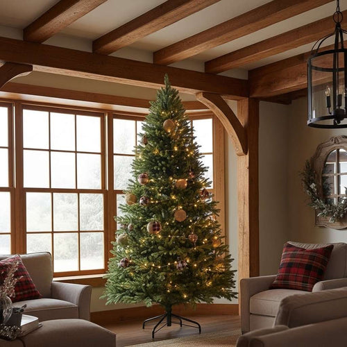 A beautifully decorated premium Christmas tree in a rustic living room with exposed wood beams.