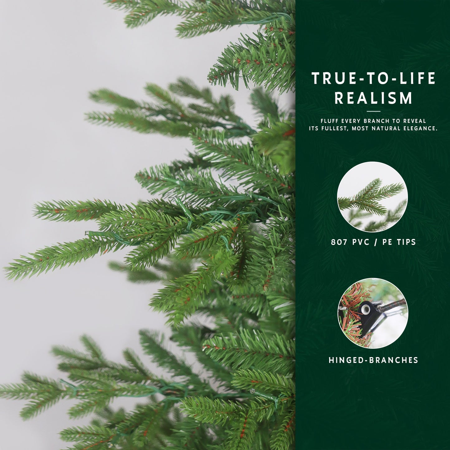 A close-up view of the skinny Christmas tree's branches, highlighting its 807 PVC/PE tips and hinged design.