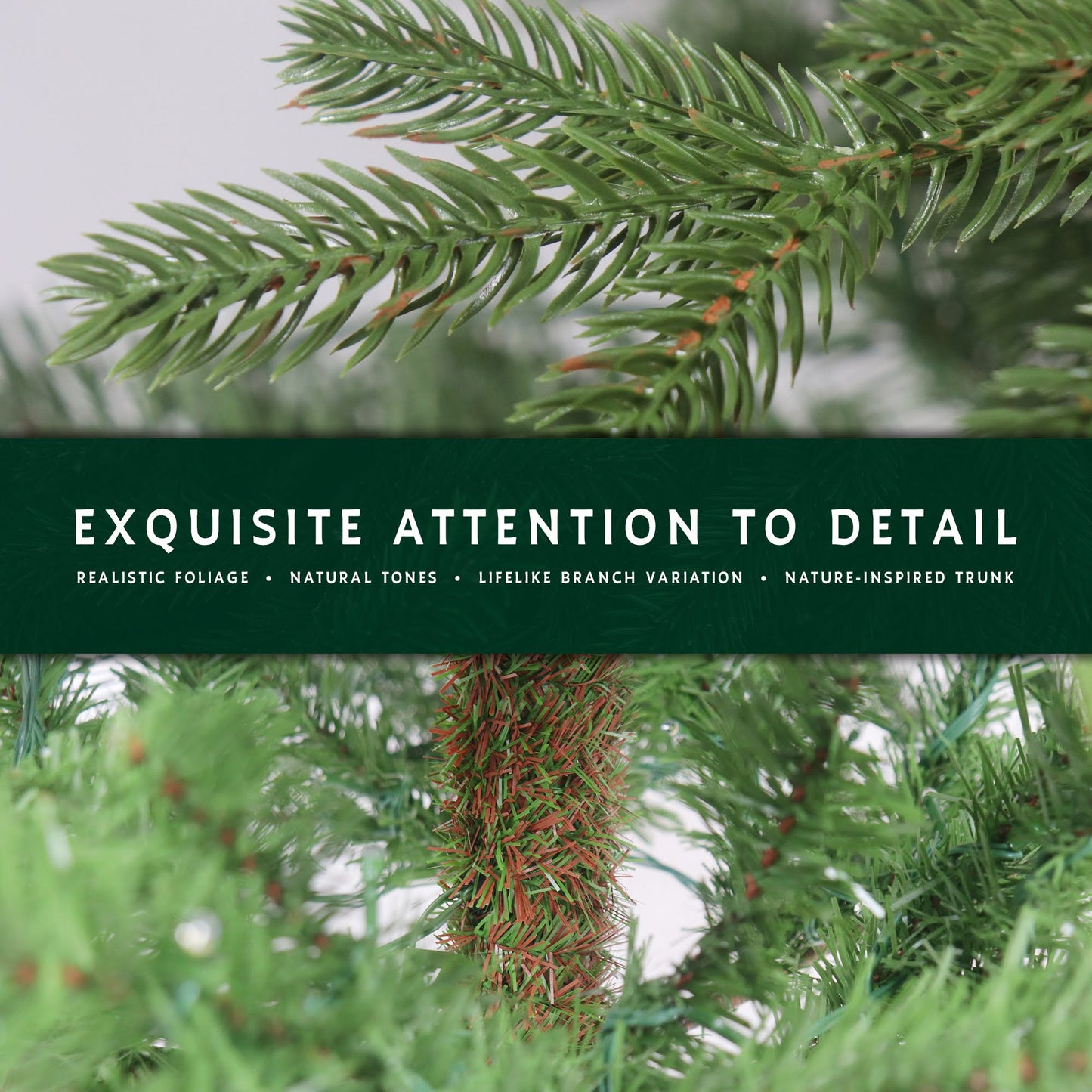 Detailed close-ups of the skinny Christmas tree's realistic foliage and nature-inspired trunk.