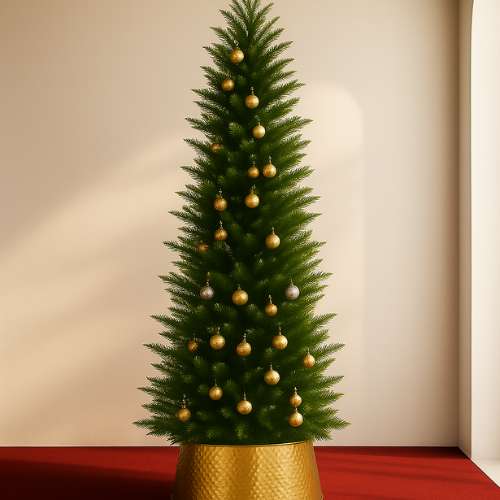 A small, decorated tree with gold and silver ornaments in a decorative gold tree collar.