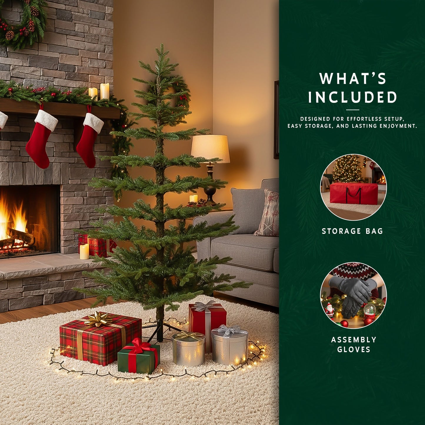 The unlit skinny Christmas tree shown with included accessories: a red storage bag and assembly gloves.