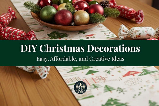 A festive table featuring cheap DIY Christmas decorations like a paper runner and a bowl of ornaments.