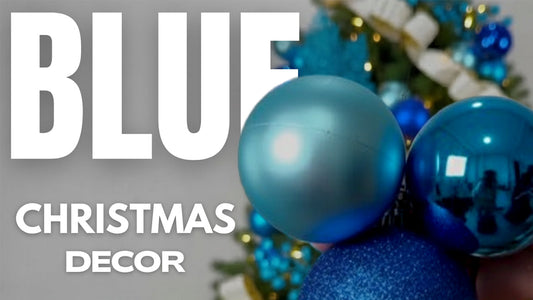 Title graphic for "Blue Christmas Decor" showing a close-up of various blue ornaments on a tree.