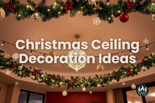 Elegant and creative Christmas ceiling decor with hanging ornaments, decorative garland, and sparkling fairy lights.