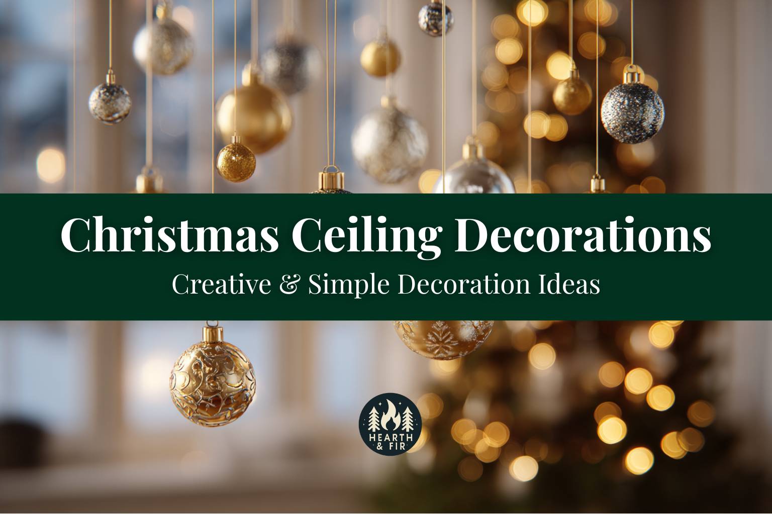 Gold and silver ornaments hanging from above, one of many magical Christmas ceiling hanging ideas for home decor.