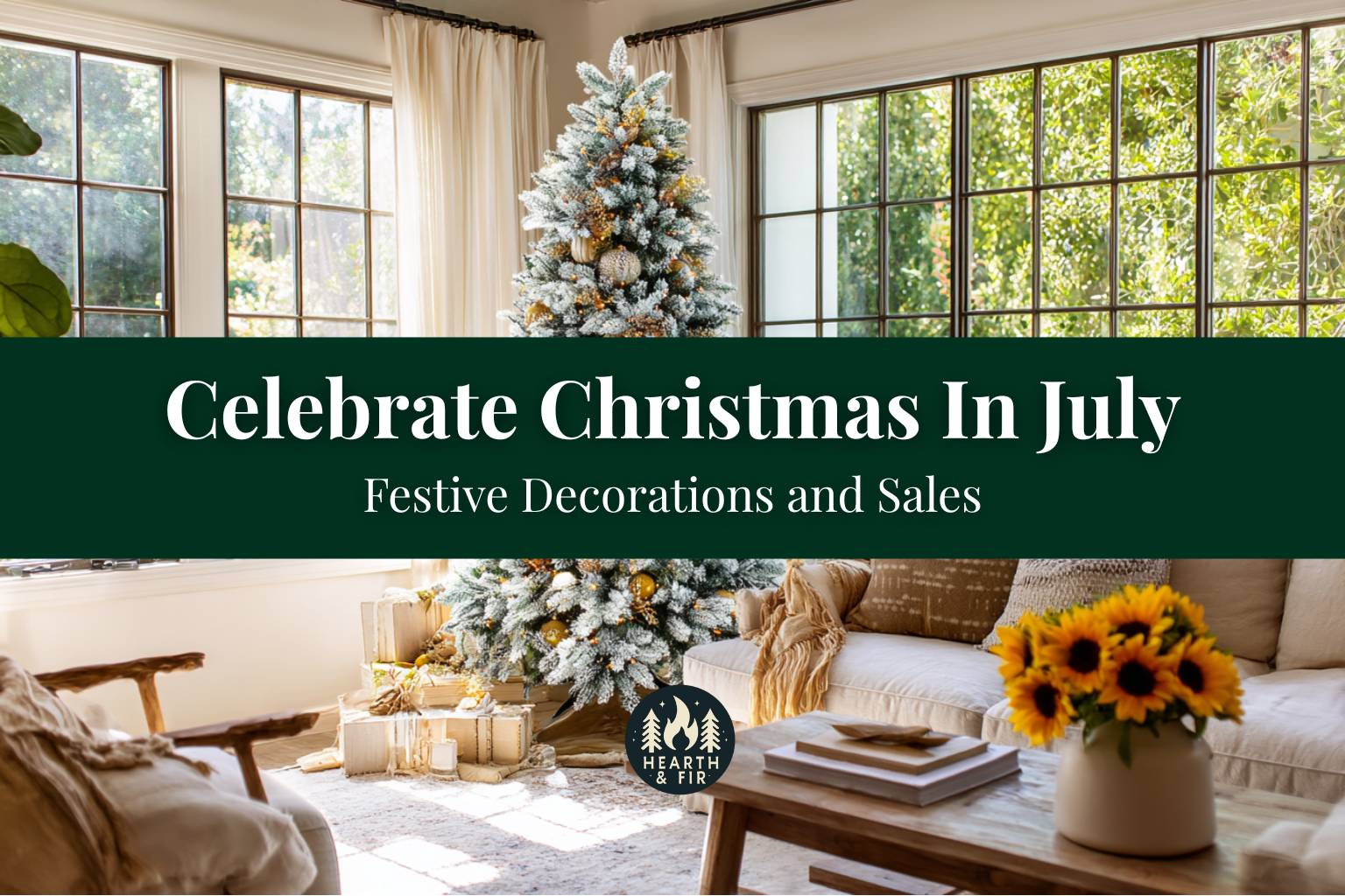 A flocked Christmas tree in a sunlit room with sunflowers, a perfect example of Christmas in July decorations.