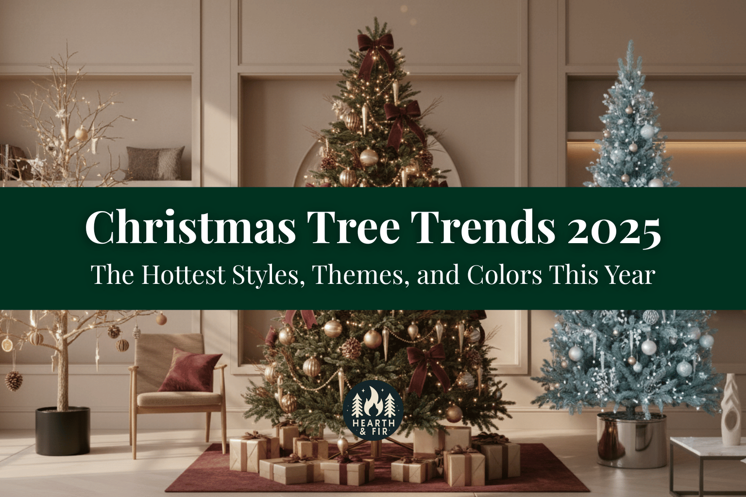 Banner for Christmas tree trends 2025 displaying sparse, classic, and flocked tree styles.