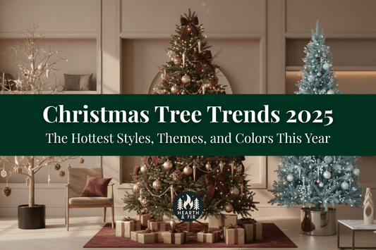 Banner for Christmas tree trends 2025 displaying sparse, classic, and flocked tree styles.