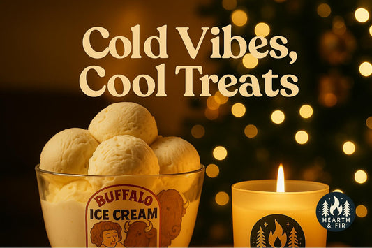 Festive bowl of ice cream with a candle, set against a Christmas tree, perfect for enjoying cool treats during a cozy holiday gathering.
