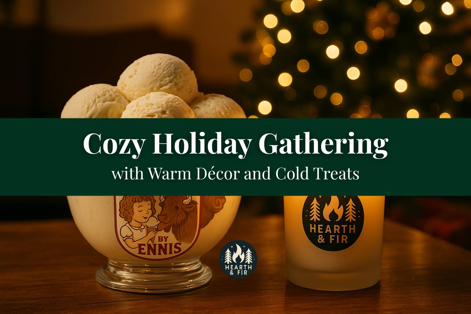 A bowl of ice cream and a Hearth & Fir candle set for a cozy holiday gathering, with a lit Christmas tree in the background.