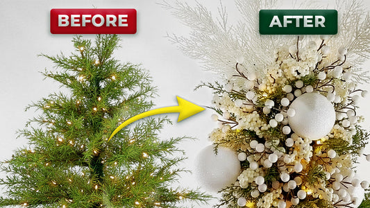 A before-and-after image showing a plain Christmas tree tip transformed with an elegant white tree topper.