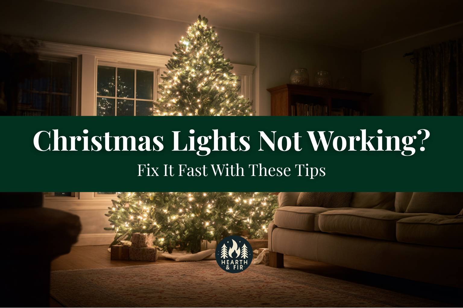 A beautiful, brightly lit Christmas tree in a living room, illustrating a fix for when Christmas lights are not working.