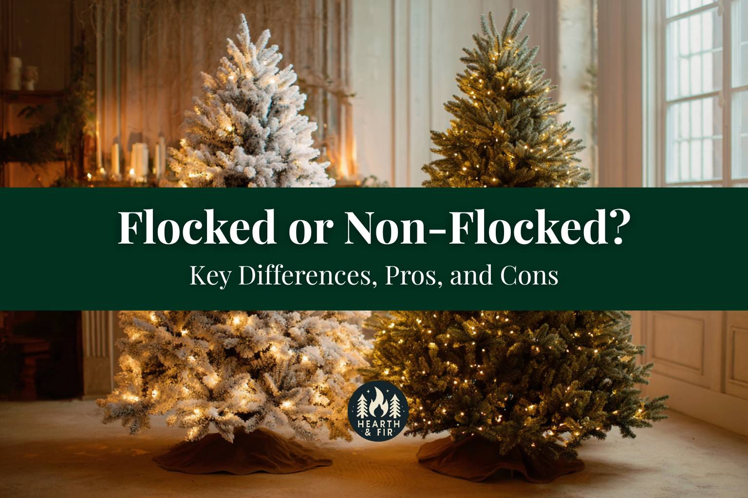 A side-by-side comparison of flocked vs. unflocked Christmas trees, one snowy white and one classic green.
