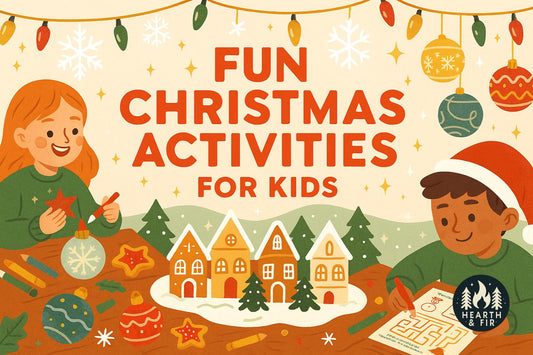 Illustration of kids engaging in fun Christmas activities like decorating a gingerbread house and coloring, perfect for holiday fun.