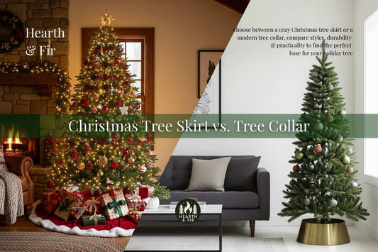 A split-screen comparing a traditional red velvet Christmas tree skirt with gifts to a modern minimalist brass tree collar for holiday decor.
