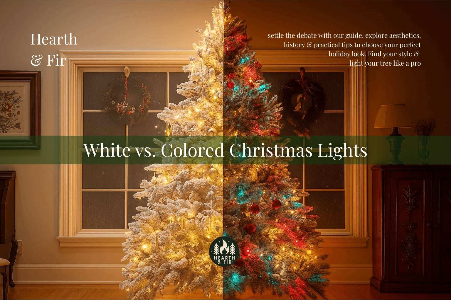 White vs. colored Christmas lights on one tree. Left: elegant white lights. Right: festive multi-colored lights.