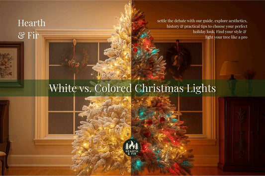 White vs. colored Christmas lights on one tree. Left: elegant white lights. Right: festive multi-colored lights.