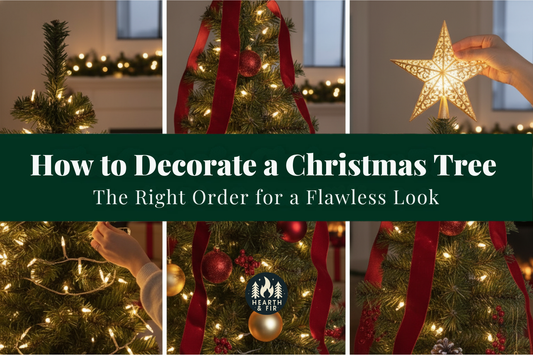 A 3-panel collage showing the step-by-step order to decorate a Christmas tree: adding lights, ornaments, and a topper.