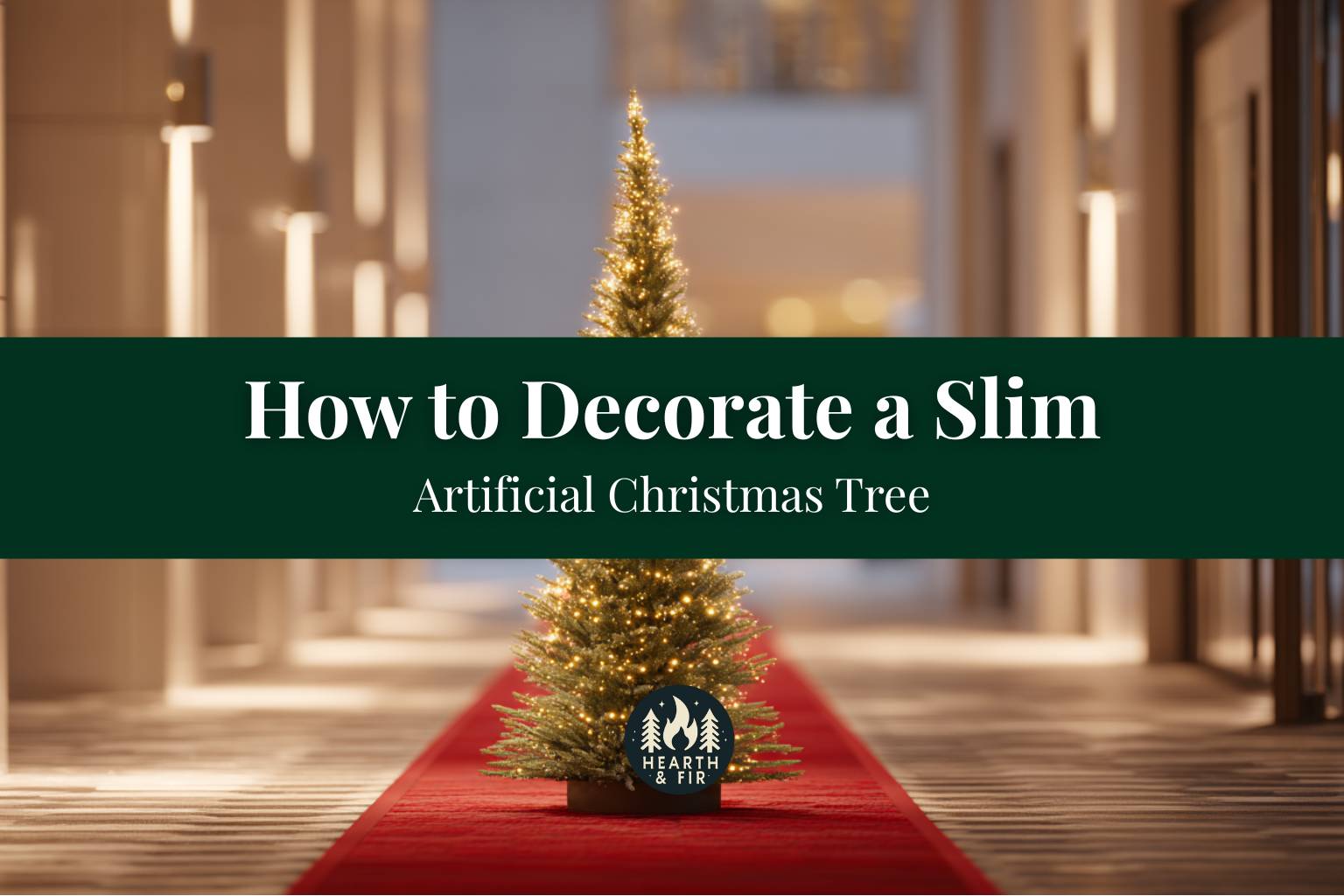An elegant example of how to decorate a slim Christmas tree, shown standing on a red carpet in a grand hallway.
