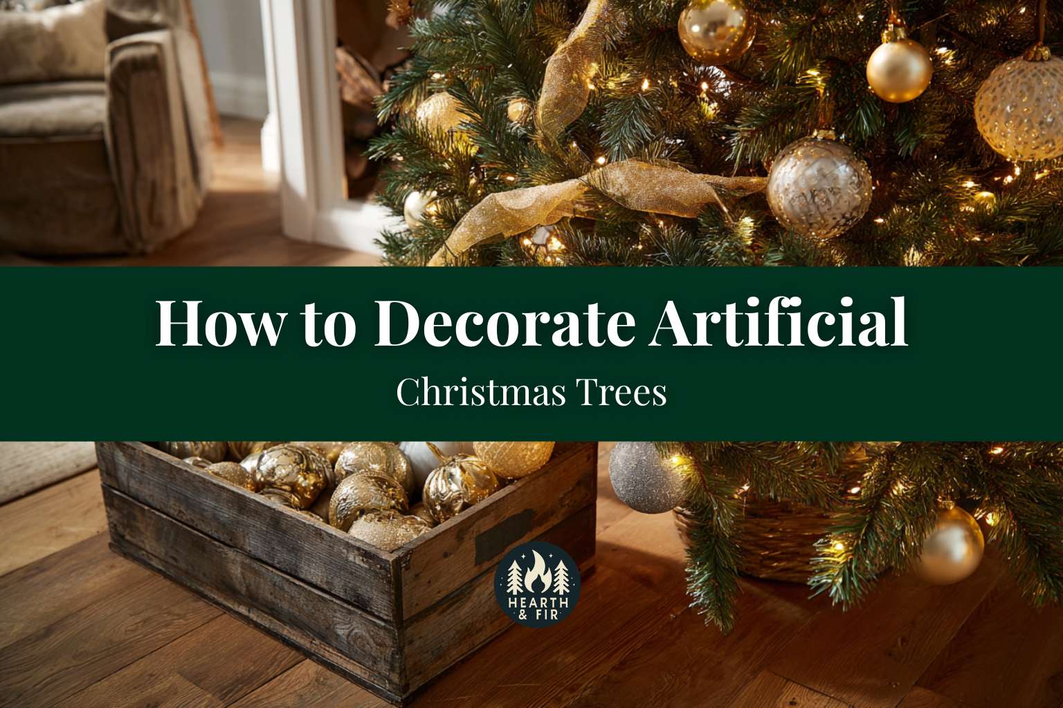 An artificial Christmas tree being decorated with gold ornaments from a rustic wooden crate sitting on the floor beside it.