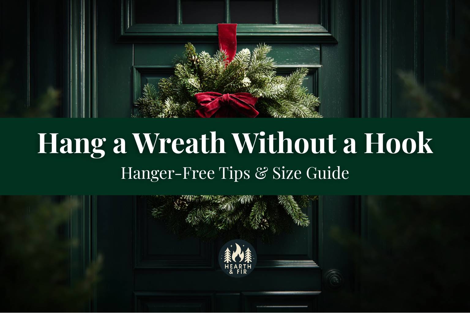 A beautiful evergreen wreath on a dark green door, illustrating how to hang a wreath without a hook using a ribbon.