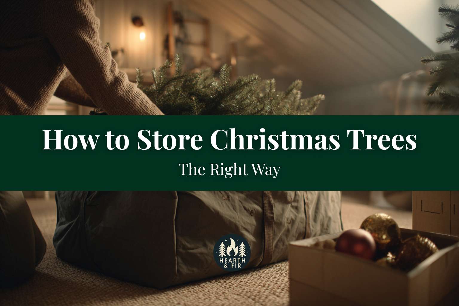 A person shows how to store a Christmas tree by carefully placing a section of it into a large, durable storage bag in an attic.