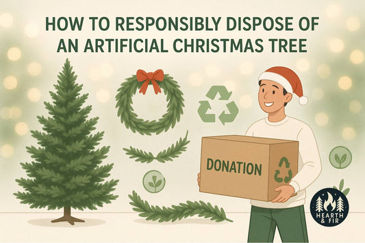 Illustration on responsibly disposing of an artificial Christmas tree, featuring recycling, donation, and wreath symbols.