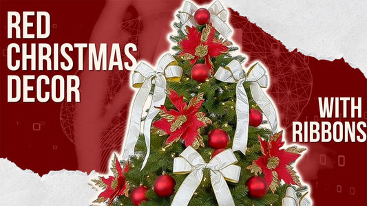 Title graphic for "Red Christmas Decor with Ribbons" showing a tree with white bows and red flowers.