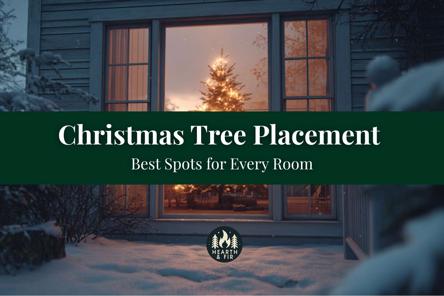 A view from a snowy exterior showing where to place a Christmas tree, perfectly centered and glowing in a large window.