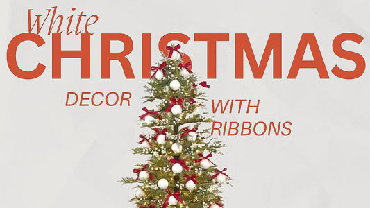Title graphic for "White Christmas Decor with Ribbons" showing a tree with white ornaments and red bows