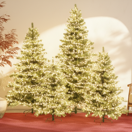 Pre-lit Christmas Tree with warm fairy lights and gold gifts