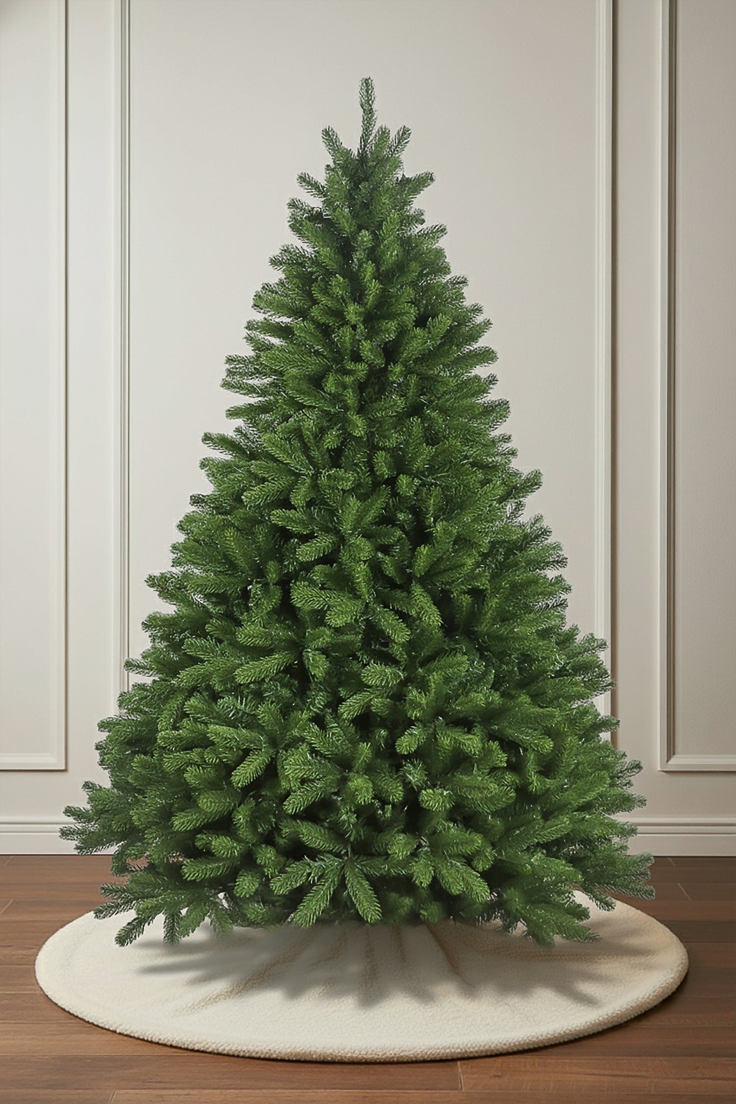 The unlit White Spruce Christmas tree, showcasing its very full silhouette and plush, natural-looking branches.