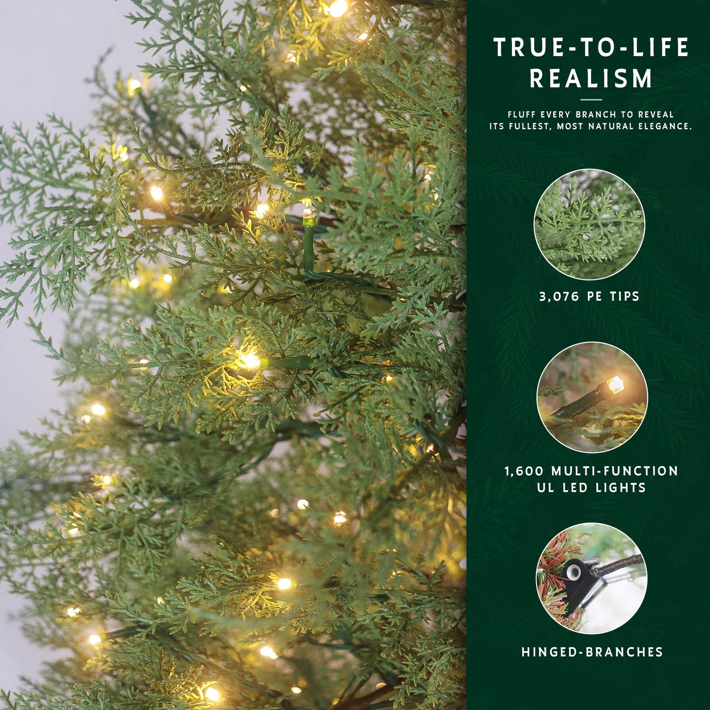 A detailed close-up of a lit cypress Christmas tree, showcasing its 3,076 PE tips and 1,600 lights.