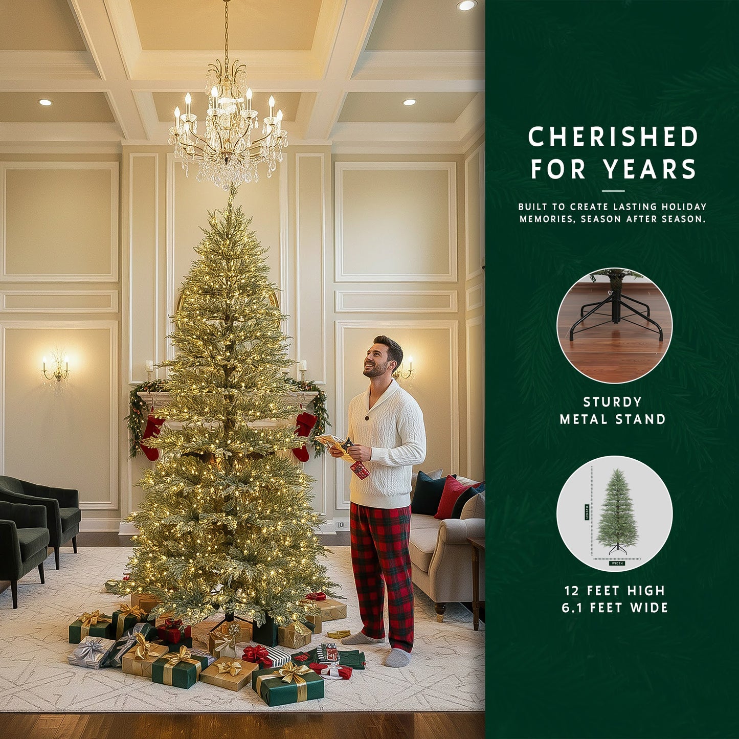 Man admiring a grand 12-foot minimalist Christmas tree in a formal living room with a high ceiling.