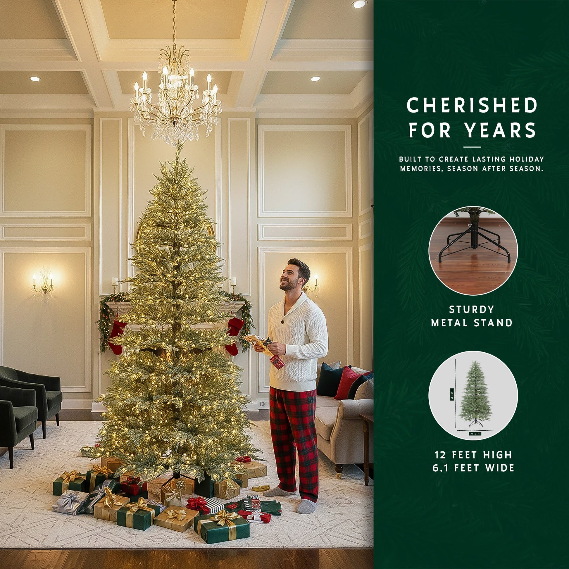 Man admiring a grand 12-foot minimalist Christmas tree in a formal living room with a high ceiling.