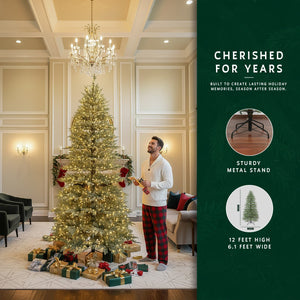 Man admiring a grand 12-foot minimalist Christmas tree in a formal living room with a high ceiling.