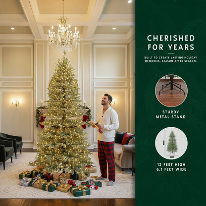 Man admiring a grand 12-foot minimalist Christmas tree in a formal living room with a high ceiling.