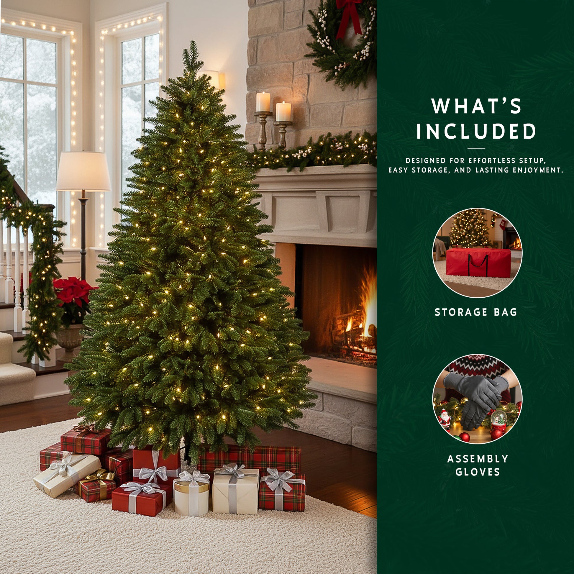 A 12 ft prelit fraser fir christmas tree by a fireplace, with a graphic showing the included storage bag and assembly gloves.