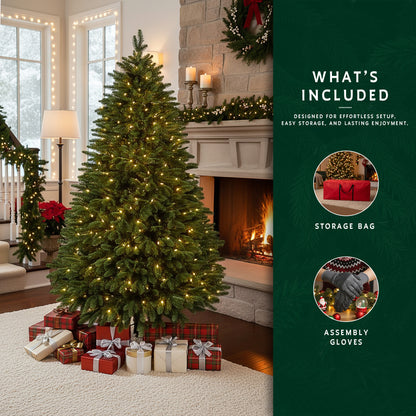 A 12 ft prelit fraser fir christmas tree by a fireplace, with a graphic showing the included storage bag and assembly gloves.