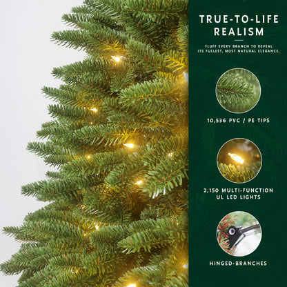 Feature graphic for the 12 ft prelit fraser fir christmas tree, highlighting its 10,536 PE/PVC tips and 2,150 lights.