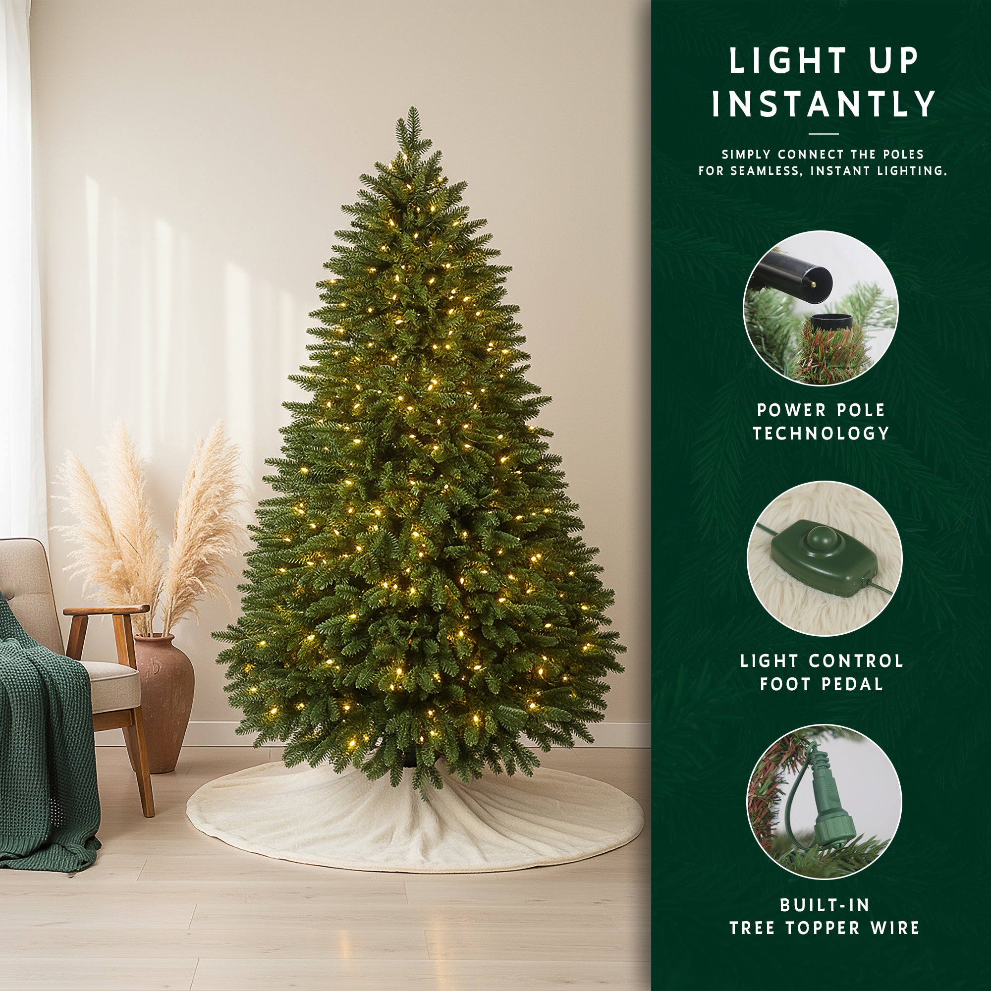 Feature graphic for the 12 ft prelit fraser fir christmas tree, highlighting its power pole technology and foot pedal.
