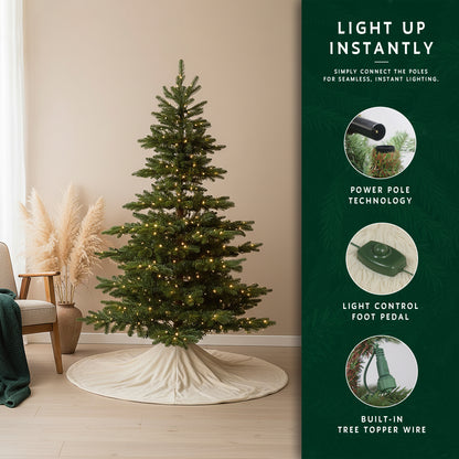 Feature graphic for the 12 ft prelit noble fir christmas tree, highlighting its power pole technology and foot pedal.