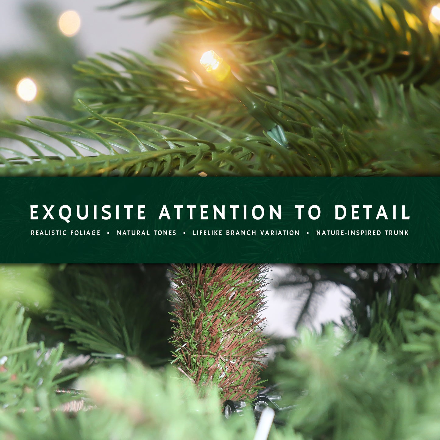 Close-up details of the prelit 12 ft noble fir christmas tree, showing its realistic foliage and trunk.