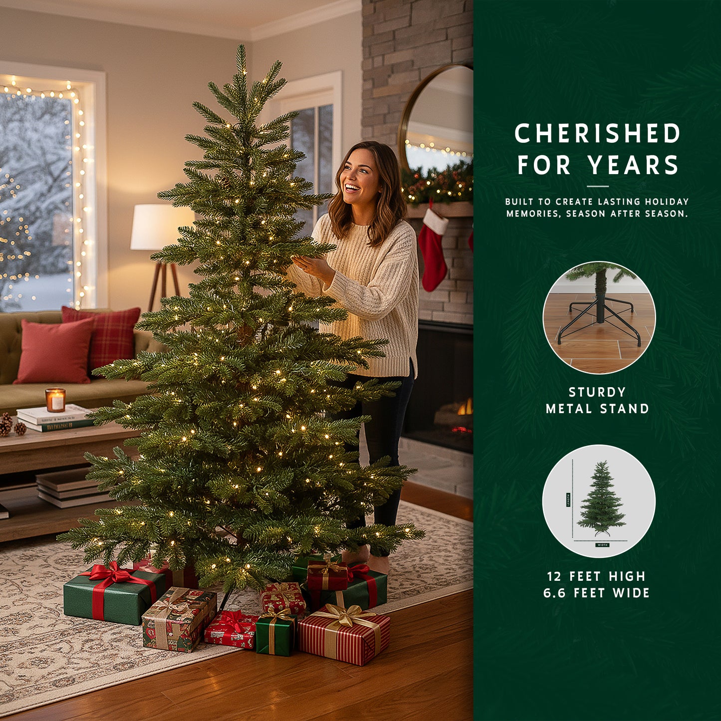 Woman with 12 ft prelit premium christmas tree, with a graphic showing its sturdy metal stand and 6.6 ft width.