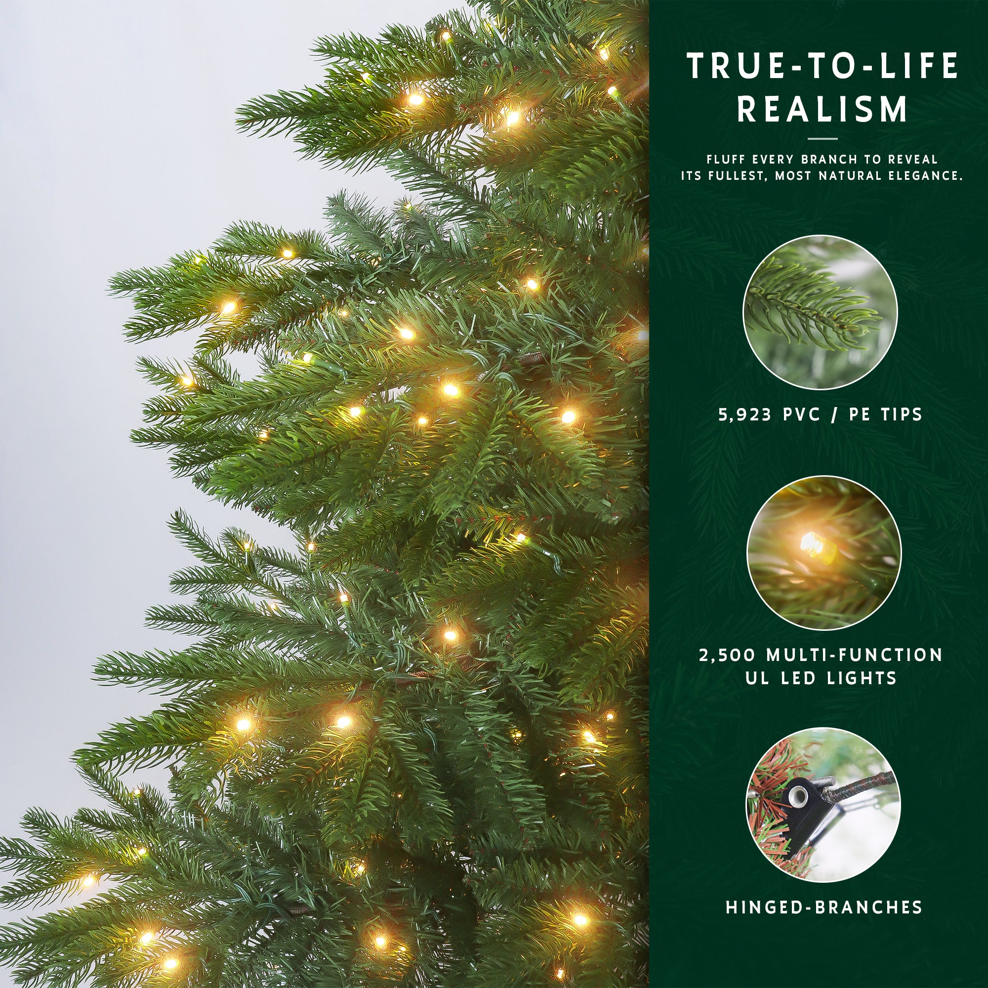 Feature graphic for the 12 ft prelit premium christmas tree, highlighting its PE/PVC tips, 2500 lights, and hinged branches.