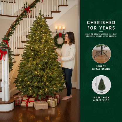 Woman with 12 ft prelit traditional christmas tree, with a graphic showing its sturdy metal stand and 6 ft width.