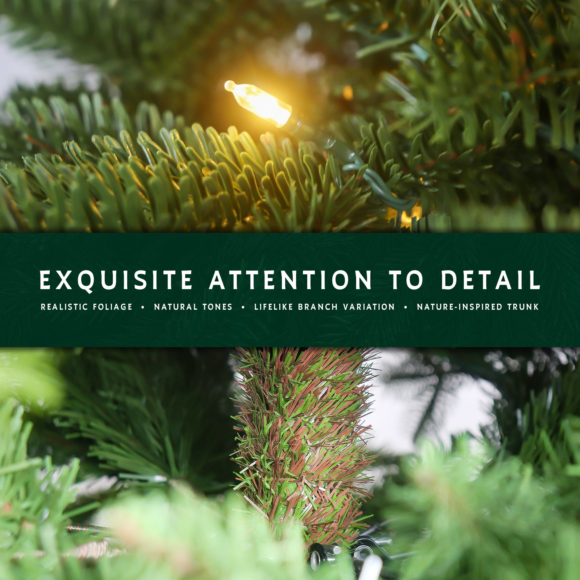 Close-up details of the prelit 12 ft traditional christmas tree, showing its realistic foliage and nature-inspired trunk.