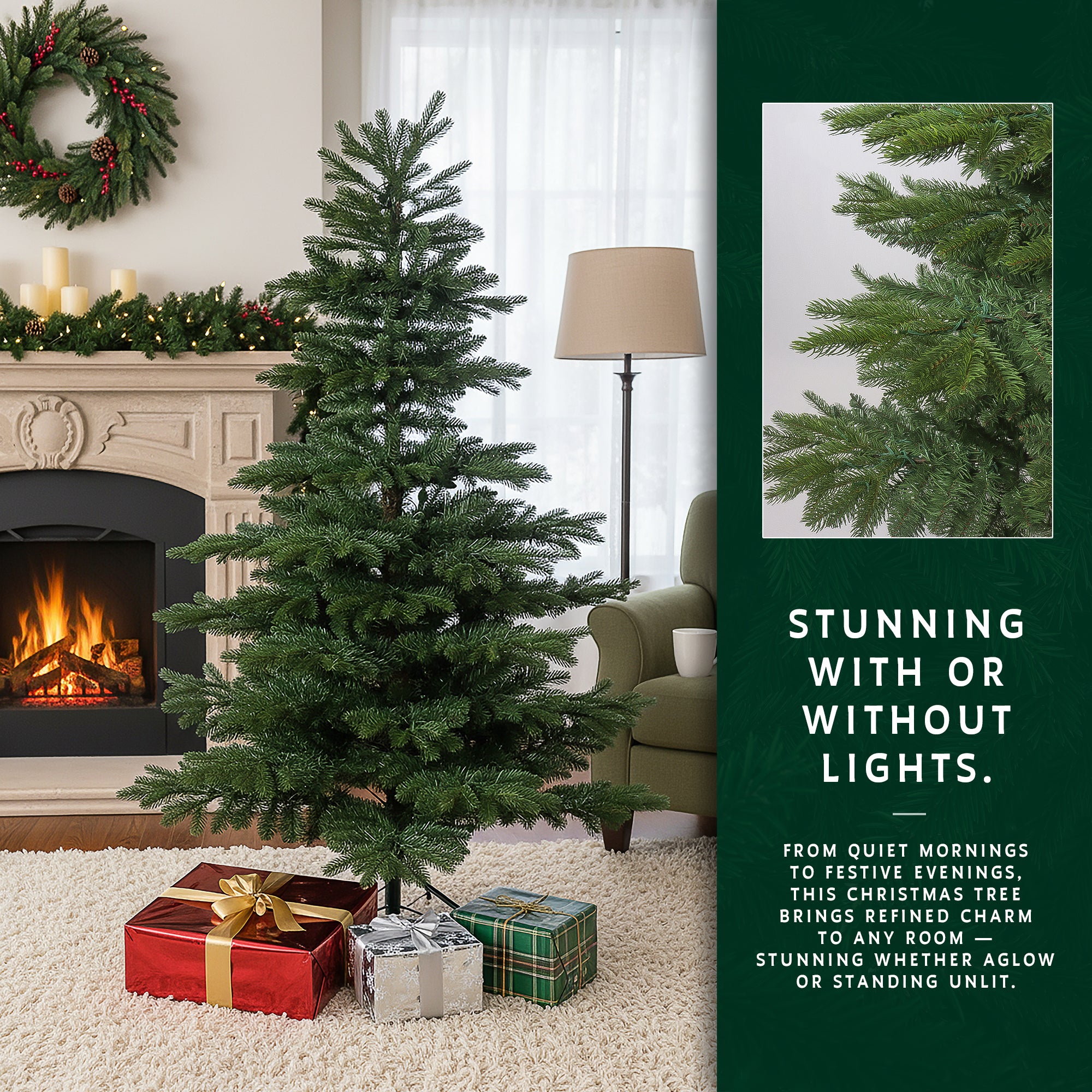 The 12 ft premium noble fir christmas tree shown unlit to highlight its realistic, sparse branches.