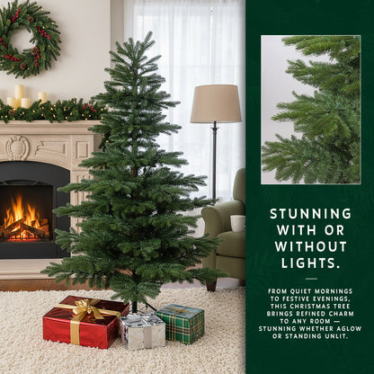 The 12 ft premium noble fir christmas tree shown unlit to highlight its realistic, sparse branches.